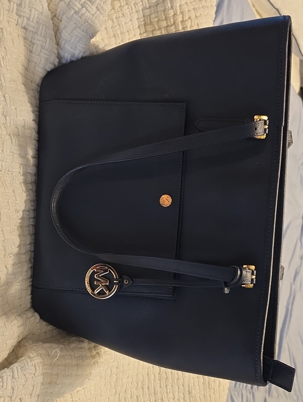 Michael Kors Navy Leather Tote with Gold Hardware